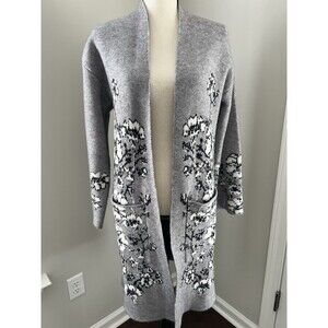 Essitam Long Gray Cardigan Floral Print Size Small EUC